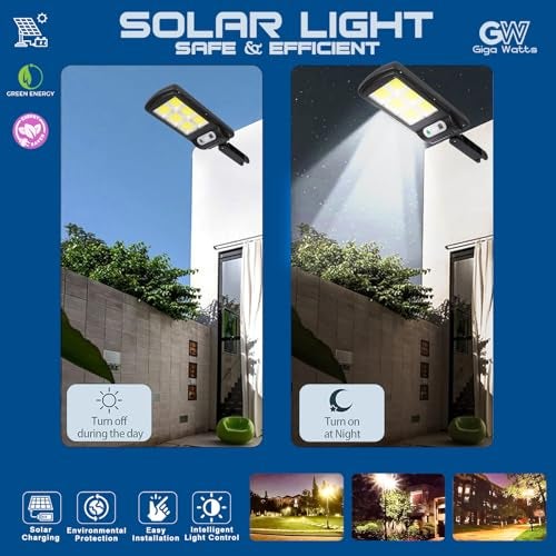 GIGAWATTS GW-610 Solar Street Light with 1200mAh Li-ion Battery 5.5V Panel & Remote 120 COB 3 Modes IP44 BIS Approved Security Motion Sensor Outdoor Lamp for Lawn Pathway (1Pc, White) - Image 5