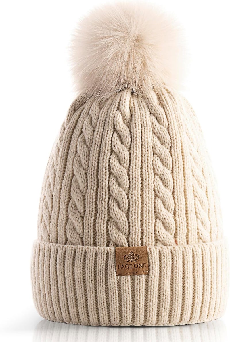 PAGE ONE Women Winter Pom Pom Beanie Hats Warm Fleece Lined,Chunky Trendy Cute Chenille Knit Twist Cap - Image 1