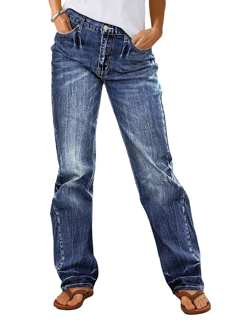 Flamingals Straight Leg Boyfriend Jeans for Women Trendy Mid Rise Wash Stretchy Casual Baggy Jeans Navy Blue L - Image 1