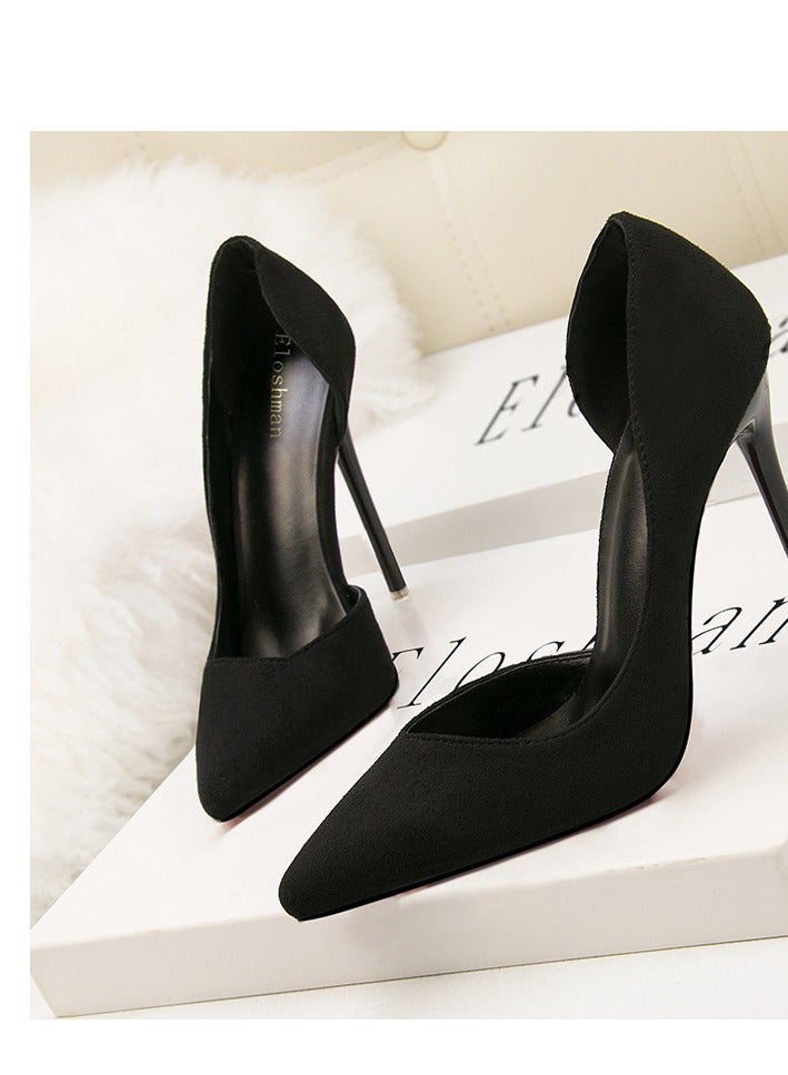 Eloshman 10cm Fashionable And Minimalist Slim Heel Suede Shallow Mouthed Pointed Women's Singles Shoes Black - Image 2