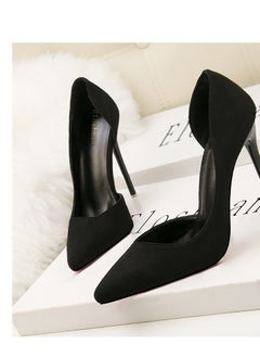 Eloshman 10cm Fashionable And Minimalist Slim Heel Suede Shallow Mouthed Pointed Women's Singles Shoes Black  - Image 3