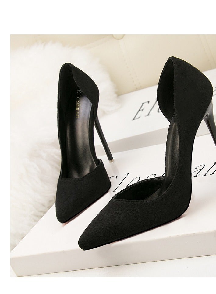 Eloshman 10cm Fashionable And Minimalist Slim Heel Suede Shallow Mouthed Pointed Women's Singles Shoes Black - Image 3