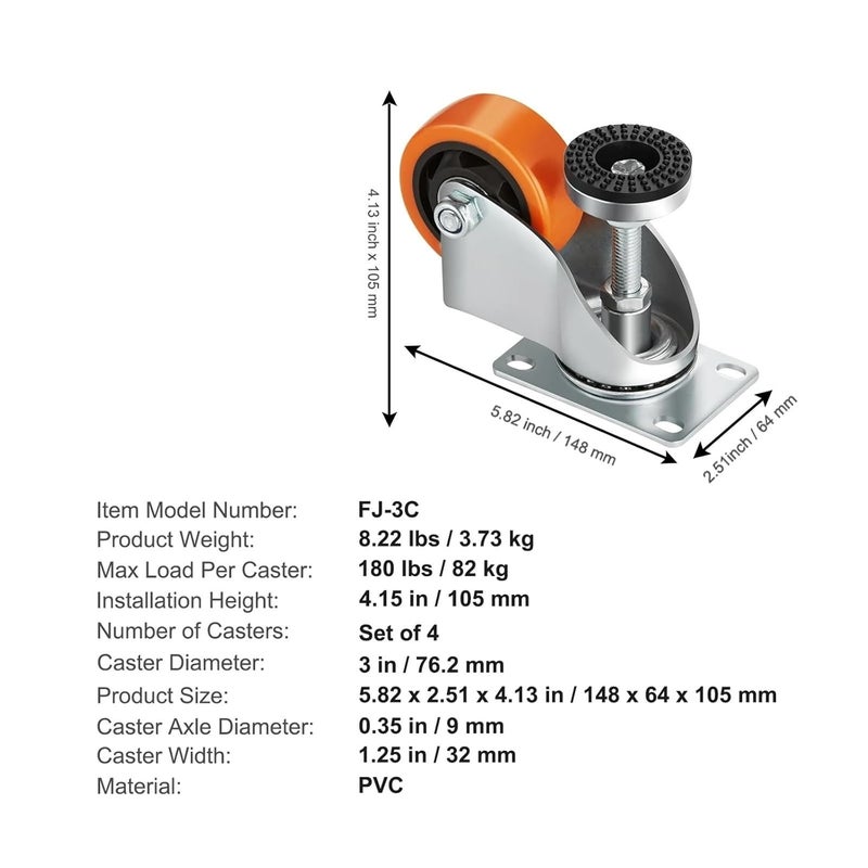 4Pcs 3 Inch Adjustable Leveling Casters 360 Degree Swivel Wheels for Carts - Image 3