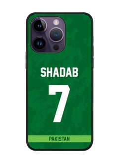 Rugged Black Edge Case iPhone 14 Pro, Slim fit Soft Case Flexible Rubber Edges Thin Cover - Player Name - Shadab Khan, Jersey Number- 7