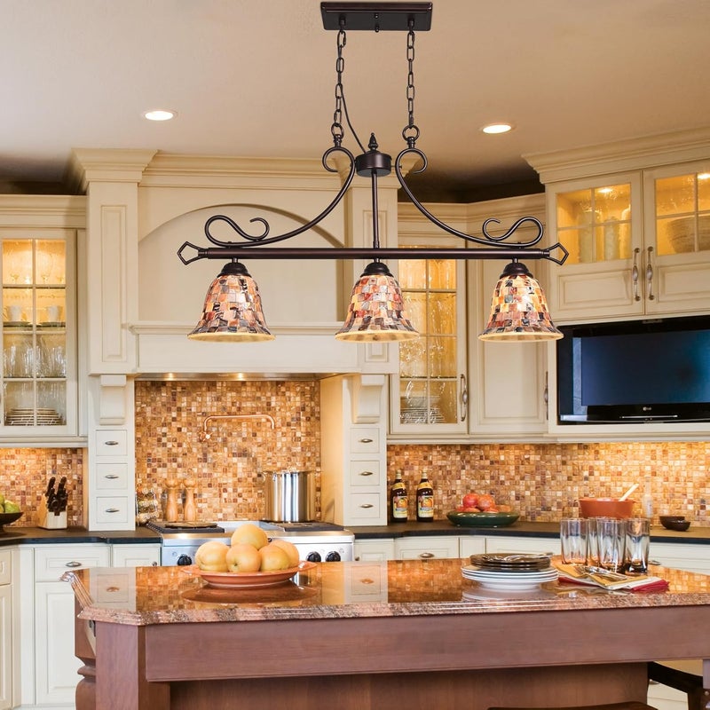 Artzone مصباح معلق تيفاني من ARTZONE 3 أضواء 24.4 بوصة عرض ارتفاع قابل للتعديل تصميم موزاييك تيفاني للثريا المعلقة لمطبخ الجزيرة وغرفة الطعام - Image 3