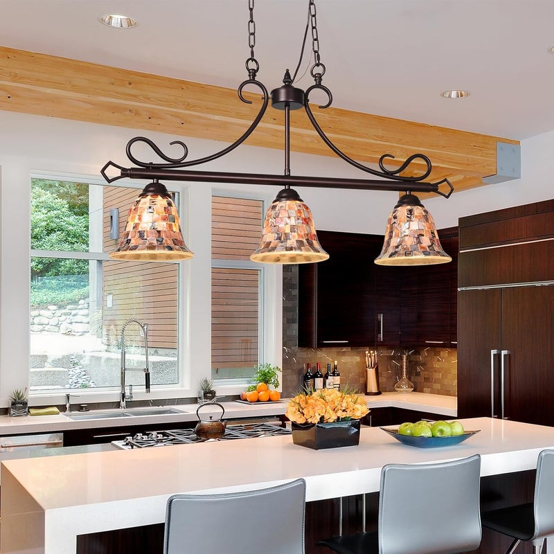 Artzone مصباح معلق تيفاني من ARTZONE 3 أضواء 24.4 بوصة عرض ارتفاع قابل للتعديل تصميم موزاييك تيفاني للثريا المعلقة لمطبخ الجزيرة وغرفة الطعام - Image 2