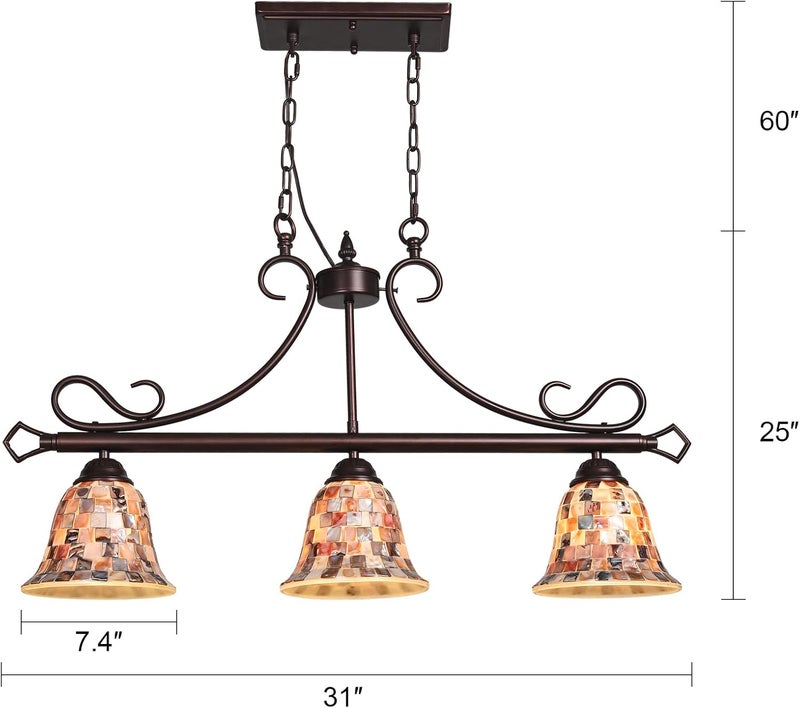 Artzone مصباح معلق تيفاني من ARTZONE 3 أضواء 24.4 بوصة عرض ارتفاع قابل للتعديل تصميم موزاييك تيفاني للثريا المعلقة لمطبخ الجزيرة وغرفة الطعام - Image 5