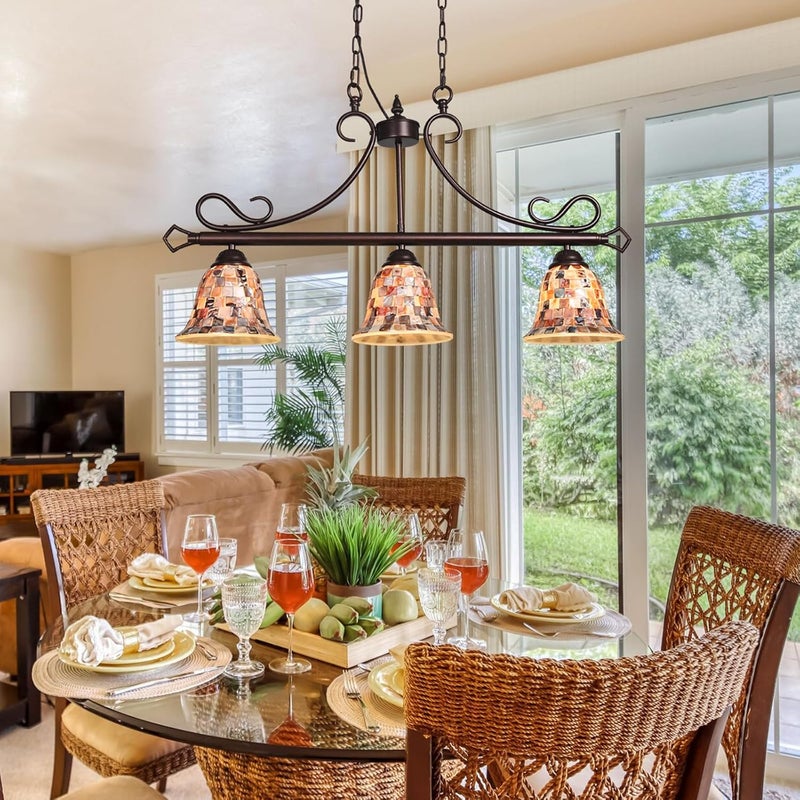 Artzone مصباح معلق تيفاني من ARTZONE 3 أضواء 24.4 بوصة عرض ارتفاع قابل للتعديل تصميم موزاييك تيفاني للثريا المعلقة لمطبخ الجزيرة وغرفة الطعام - Image 4