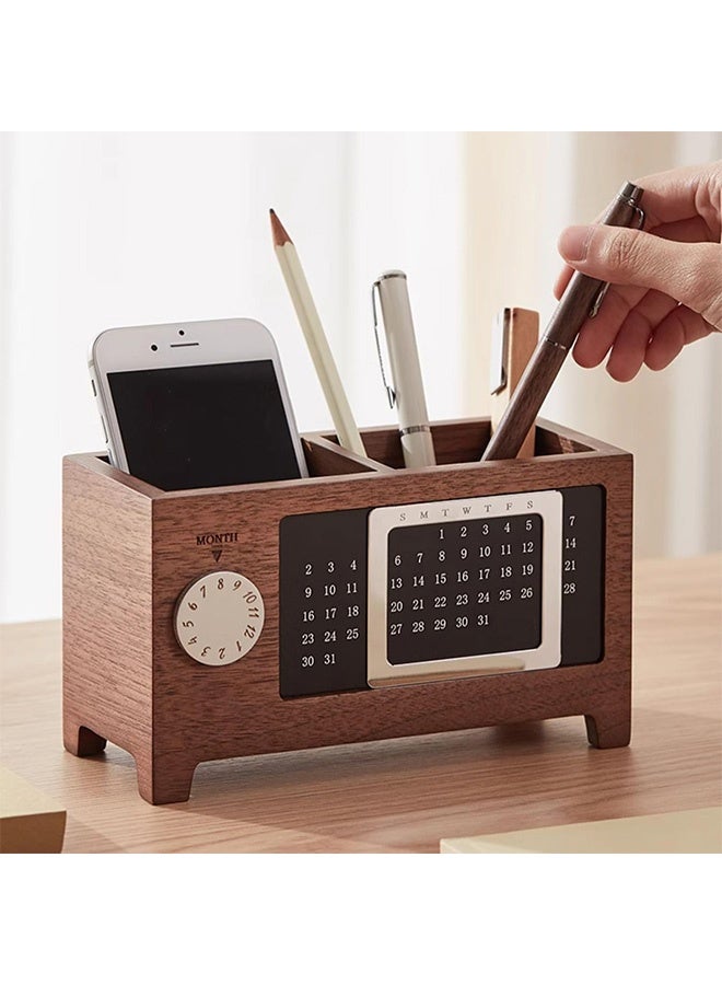 جُودِيَّة ​ حامل أقلام تقويم دائم، حامل أقلام وأقلام رصاص من خشب الجوز، حامل أقلام رصاص بجزأين صندوق تخزين خشبي إبداعي لسطح المكتب لتخزين أجهزة التحكم عن بعد ومستلزمات القرطاسية، منظم مستلزمات مكتب المكتب. - Image 4