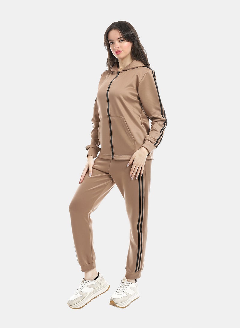 Andora Coffee Brown Long Sleeves Hooded Zipped Tracksuit_Brown - Image 5