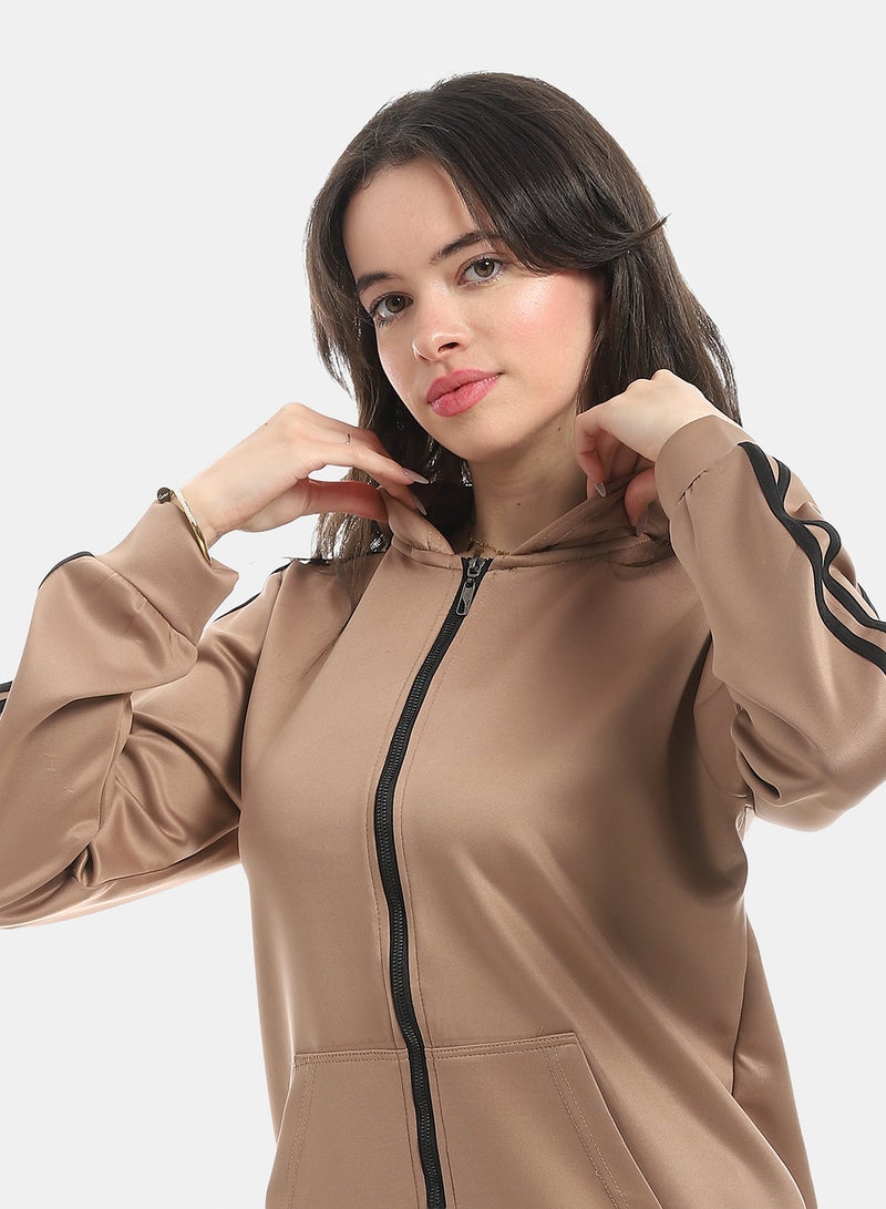 Andora Coffee Brown Long Sleeves Hooded Zipped Tracksuit_Brown - Image 4