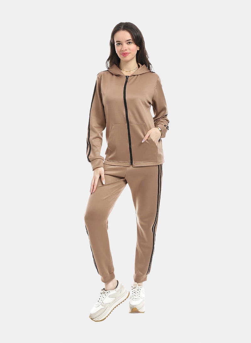 Andora Coffee Brown Long Sleeves Hooded Zipped Tracksuit_Brown - Image 1