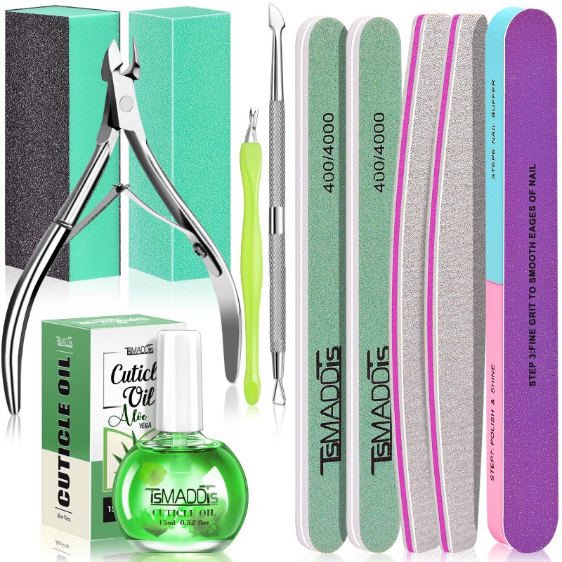 TsMADDTs Cuticle Pusher Nail File Kit, Nail Buffers and Files with 3 Files, 2 Buffering Blocks, 2 Polishing Buffers, Cuticle Nippers, Pusher and Oil - Image 1