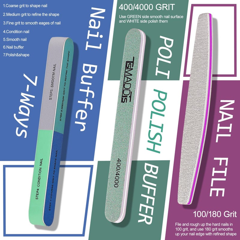 TsMADDTs Cuticle Pusher Nail File Kit, Nail Buffers and Files with 3 Files, 2 Buffering Blocks, 2 Polishing Buffers, Cuticle Nippers, Pusher and Oil - Image 5