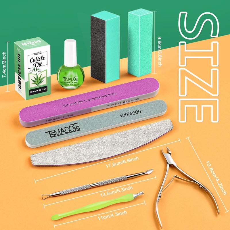 TsMADDTs Cuticle Pusher Nail File Kit, Nail Buffers and Files with 3 Files, 2 Buffering Blocks, 2 Polishing Buffers, Cuticle Nippers, Pusher and Oil - Image 2