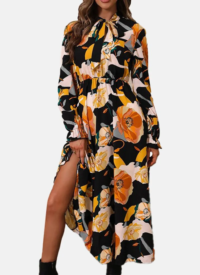يونيكي Orange Basic Floral Tie-up Long Sleeve Dress
