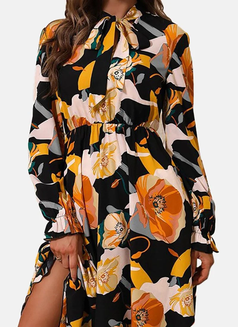 يونيكي Orange Basic Floral Tie-up Long Sleeve Dress
