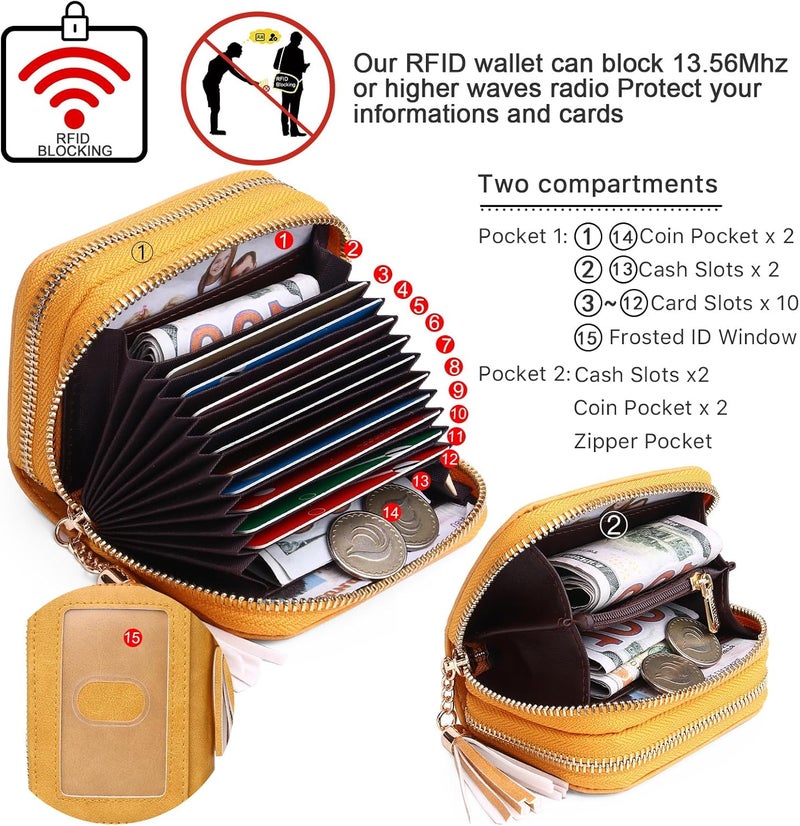 APHISON حامل بطاقات ائتمان RFID مع سحاب، حافظة بطاقات، سلسلة مفاتيح، محفظة صغيرة للنساء 1942-2 أصفر فاتح - Image 3