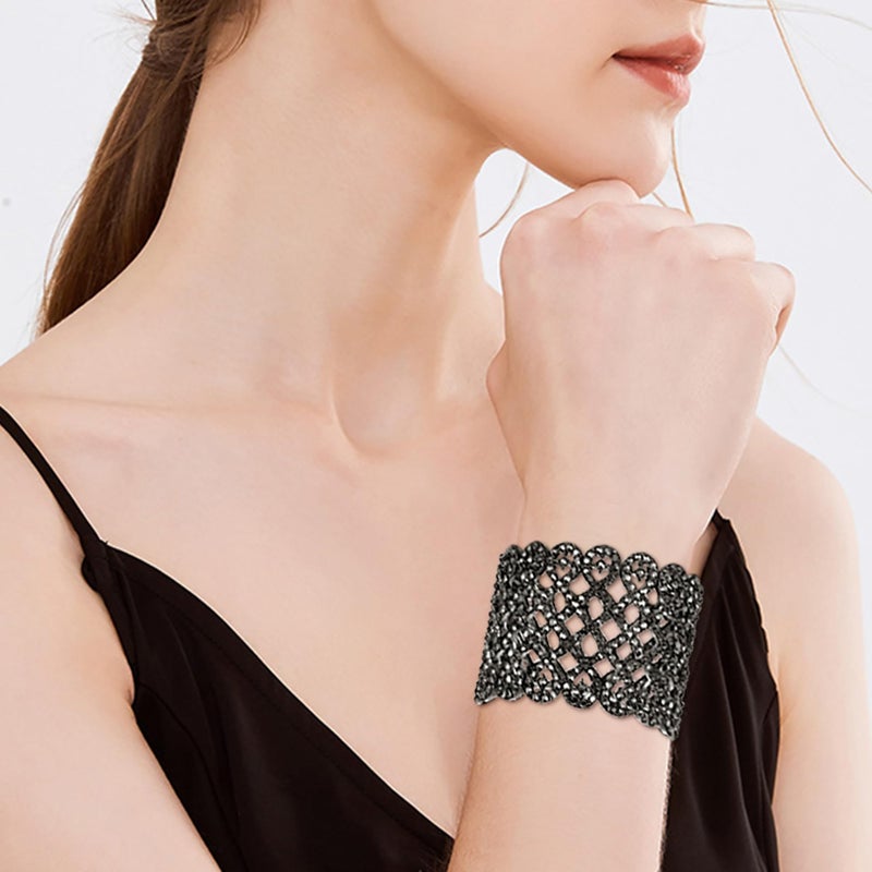 EVER FAITH Women's Rhinestone Crystal Art Deco Love Knot Wide Stretch Bridal Bracelet Black Black-Tone - Image 2