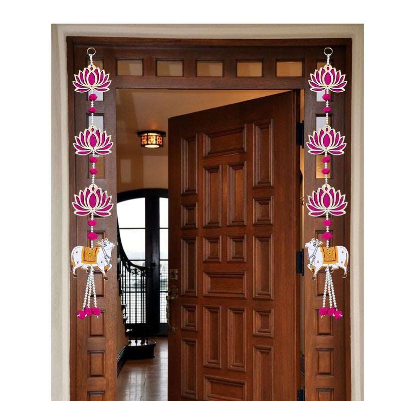 Priyashyam Traders Priyashyam Traders Handmade Lotus Hangings for Decoration with Pichwai Cow for Diwali Puja Pink Lotus Wall Hangings for Temple Mandir Back Drop Main Door Entrance 27 Inch  - Image 3
