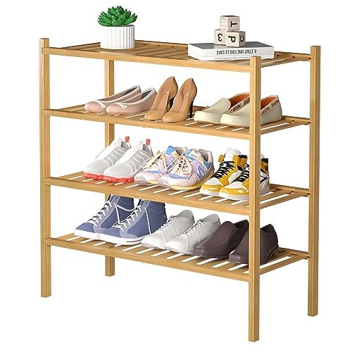 ROMGUAR CRAFT 4 Tier Bamboo Shoe Rack for Closet Free Standing Wood Shoe Shelf for Entryway Small Space Stackable 27"x11"x26" (Natural) - Image 1