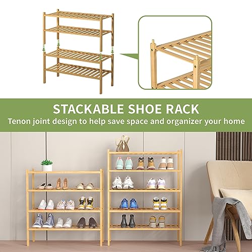 ROMGUAR CRAFT 4 Tier Bamboo Shoe Rack for Closet Free Standing Wood Shoe Shelf for Entryway Small Space Stackable 27"x11"x26" (Natural) - Image 5