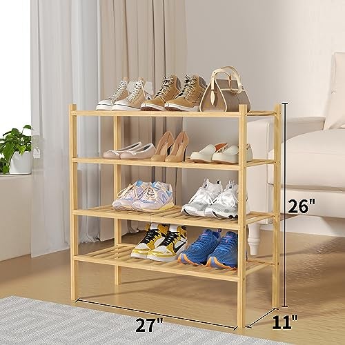 ROMGUAR CRAFT 4 Tier Bamboo Shoe Rack for Closet Free Standing Wood Shoe Shelf for Entryway Small Space Stackable 27"x11"x26" (Natural) - Image 3