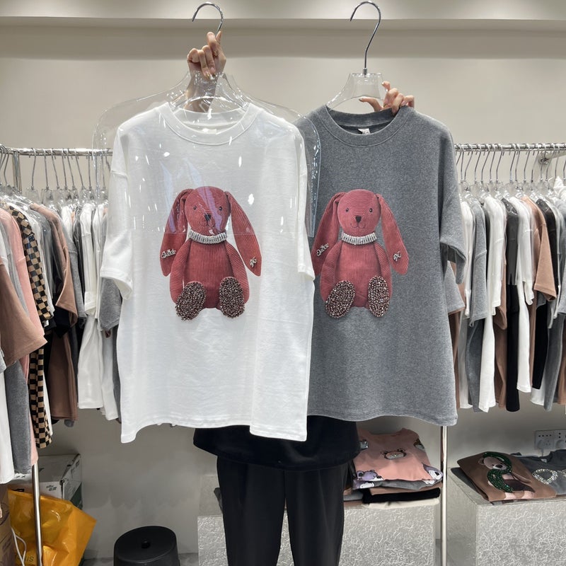 Thickened Sanding T-shirt Women's Winter European Cartoon Rabbit Mid-length Loose All-match Large Round Neck Short-sleeved Top Ins - Image 4