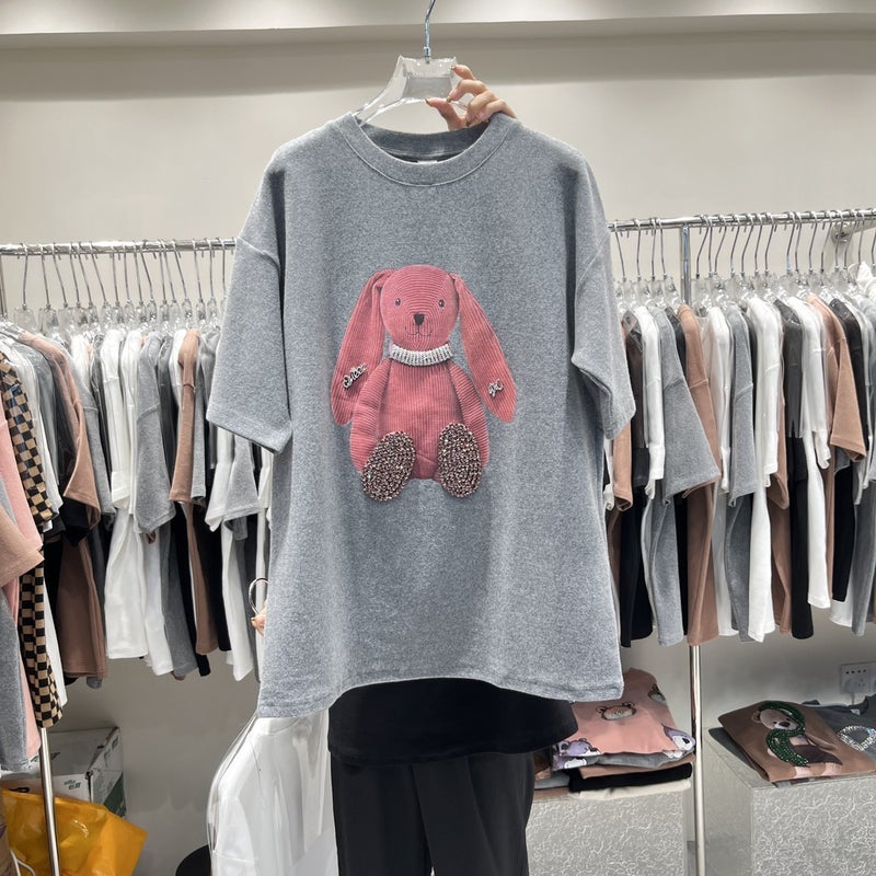 Thickened Sanding T-shirt Women's Winter European Cartoon Rabbit Mid-length Loose All-match Large Round Neck Short-sleeved Top Ins - Image 1