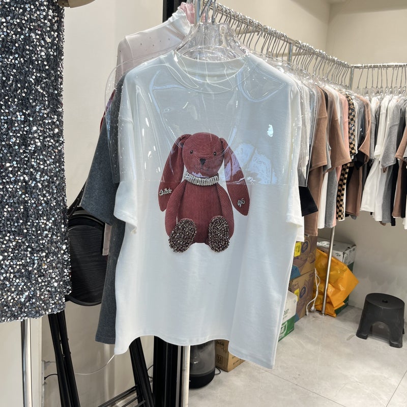 Thickened Sanding T-shirt Women's Winter European Cartoon Rabbit Mid-length Loose All-match Large Round Neck Short-sleeved Top Ins - Image 3