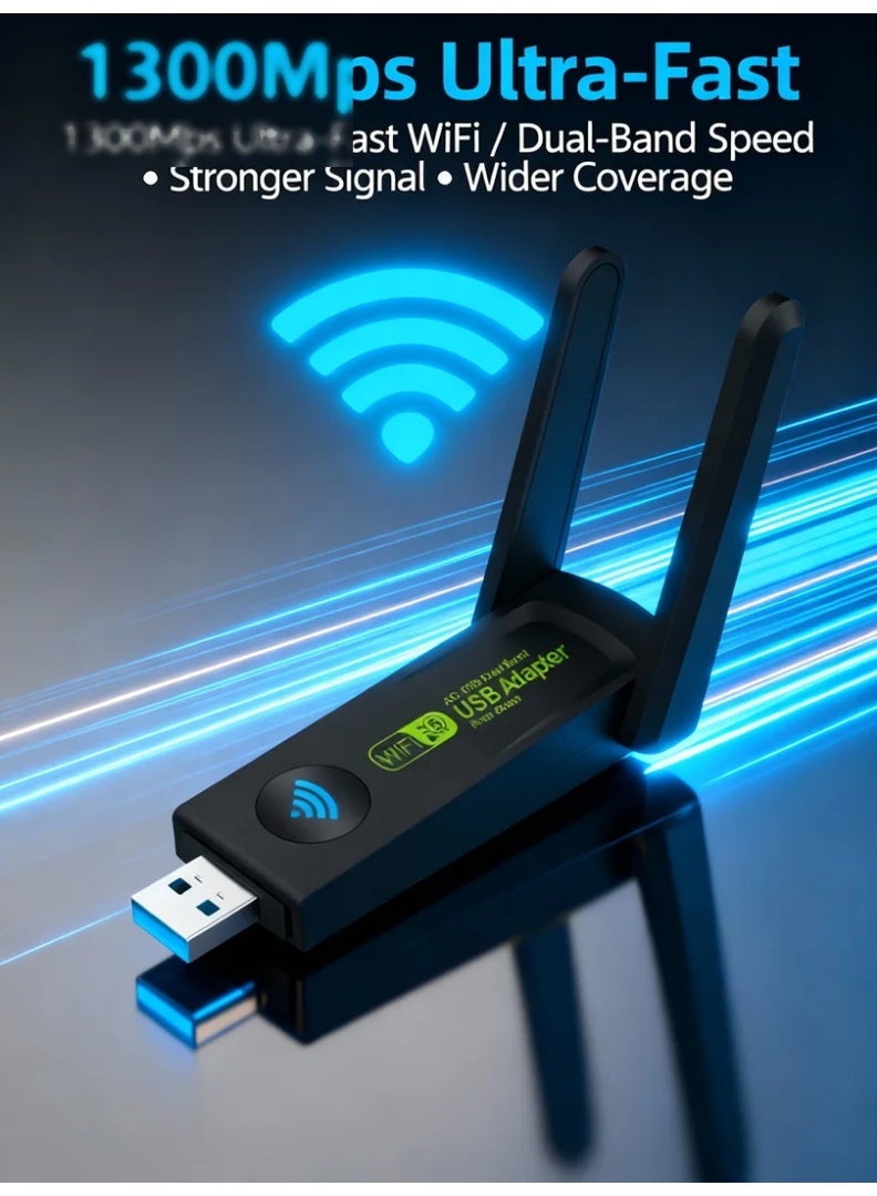 robotgcc 1300Mbps USB WiFi Adapter AC1300 | Dual-Band Wireless Network Card with Long-Range Antennas | Fast Internet for Desktop & Laptop | Smooth Gaming, Streaming & Online Work - Image 1