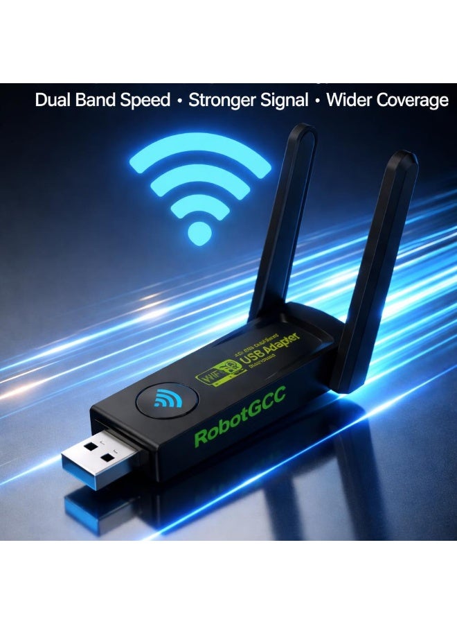 robotgcc 1300Mbps USB WiFi Adapter AC1300 | Dual-Band Wireless Network Card with Long-Range Antennas | Fast Internet for Desktop & Laptop | Smooth Gaming, Streaming & Online Work - Image 2