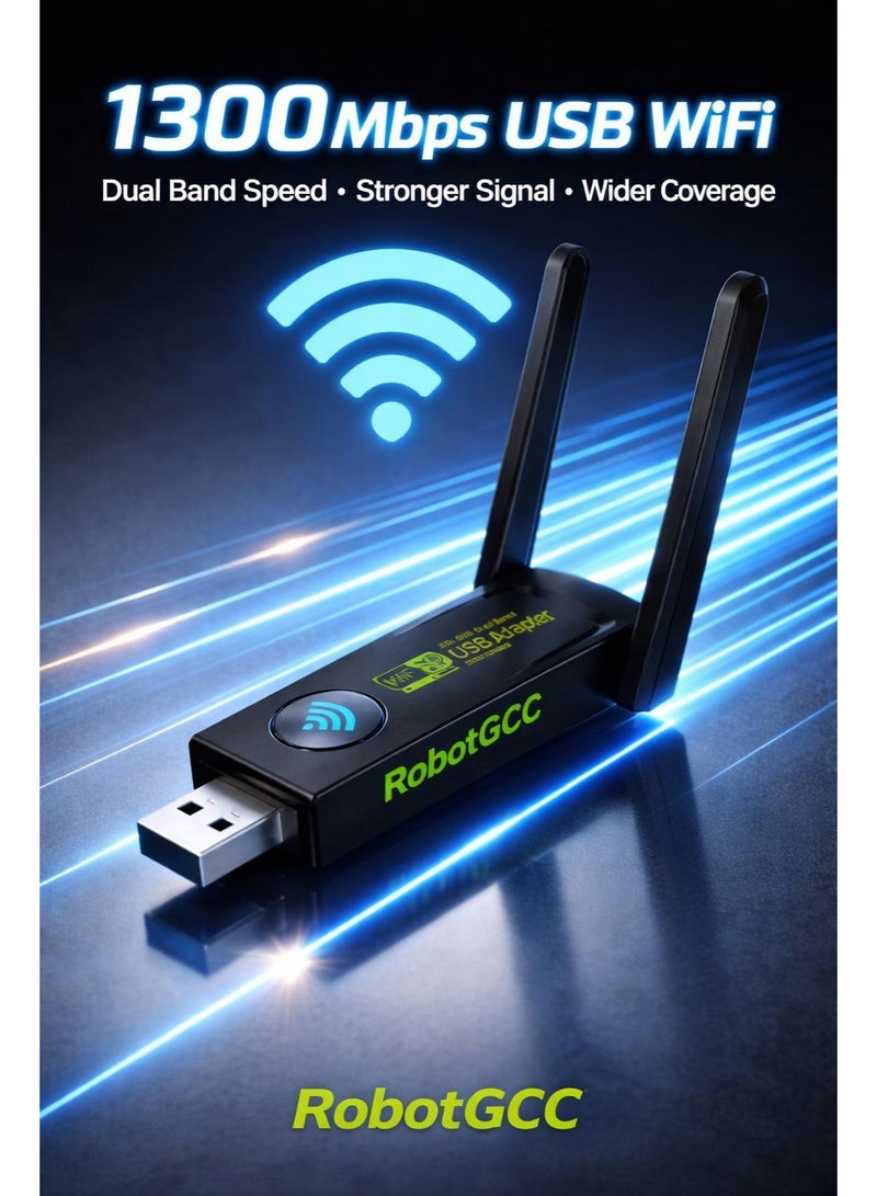 robotgcc 1300Mbps USB WiFi Adapter AC1300 | Dual-Band Wireless Network Card with Long-Range Antennas | Fast Internet for Desktop & Laptop | Smooth Gaming, Streaming & Online Work - Image 1
