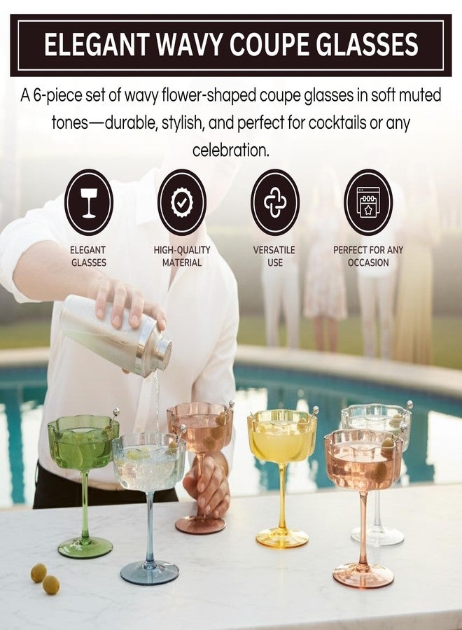 Khen Shatterproof Acrylic Flower Wavy Vintage Art Deco Martini, Champagne & Cocktail Muted Pastel Color Plastic Tritan Coupe Glasses | 6 Set | 8.5oz Glassware Classic Cocktail Indoor & Outdoor Set - Image 4