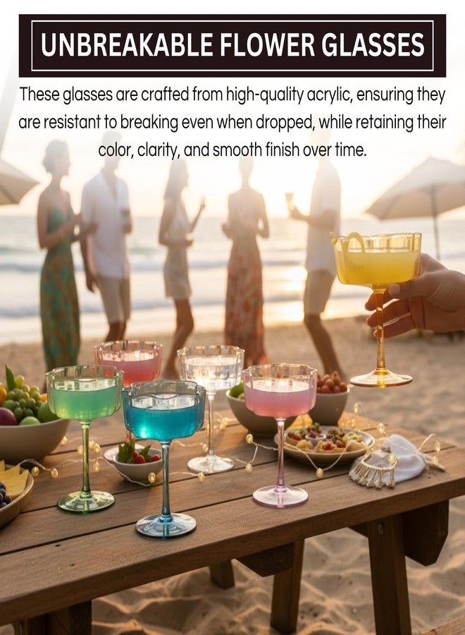 Khen Shatterproof Acrylic Flower Wavy Vintage Art Deco Martini, Champagne & Cocktail Muted Pastel Color Plastic Tritan Coupe Glasses | 6 Set | 8.5oz Glassware Classic Cocktail Indoor & Outdoor Set - Image 3