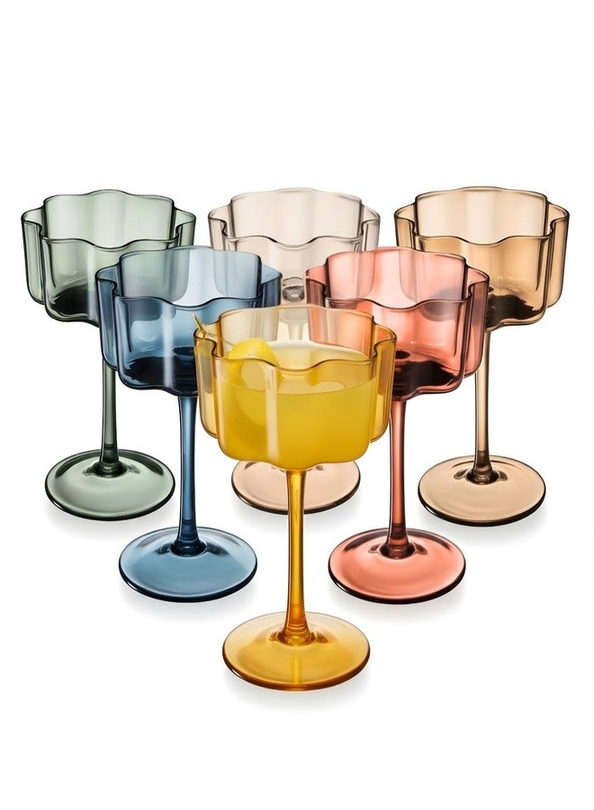 Khen Shatterproof Acrylic Flower Wavy Vintage Art Deco Martini, Champagne & Cocktail Muted Pastel Color Plastic Tritan Coupe Glasses | 6 Set | 8.5oz Glassware Classic Cocktail Indoor & Outdoor Set - Image 1