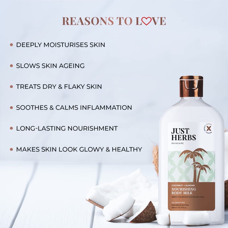 Just Herbs Nourishing Body Milk with Coconut  Almond for Men  Women  Hydrating Body Lotion for Winter Dryness 300 ml - Image 3