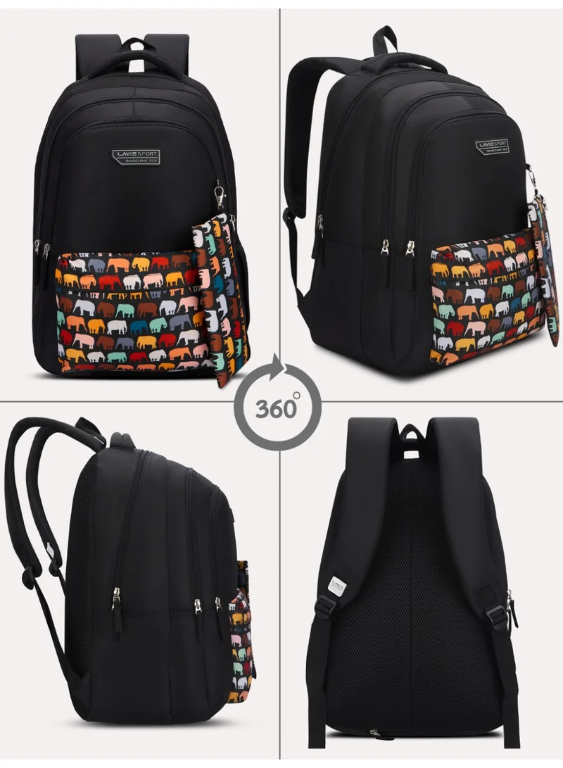 Lavie Sport 36L Tusker Backpack | 19 inches | Laptop Compatiable | Raincover | Pencil Pouch |(Black)