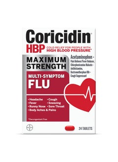 Coricidin HBP Maximum Strength Multi-Symptom Flu Tablets For Body Aches, Body Pains Cold And Cough Relief: Flu Medicine For Adults With High Blood Pressure - 24 Count  - Image 1