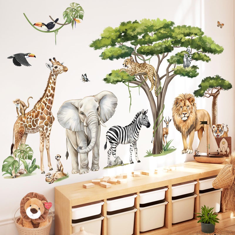 decalmile Large Safari Animals Tree Wall Stickers Jungle Animals Giraffe Elephant Lion Leopard Wall Decals Baby Nursery Kids Room Wall DecorXXL - Image 2