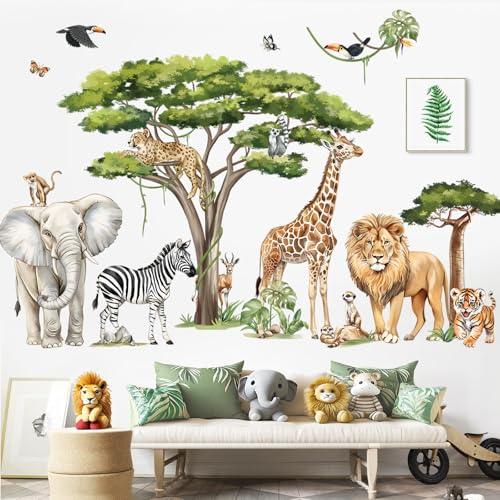 decalmile Large Safari Animals Tree Wall Stickers Jungle Animals Giraffe Elephant Lion Leopard Wall Decals Baby Nursery Kids Room Wall DecorXXL - Image 3