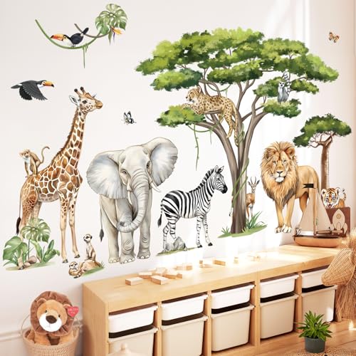 decalmile Large Safari Animals Tree Wall Stickers Jungle Animals Giraffe Elephant Lion Leopard Wall Decals Baby Nursery Kids Room Wall DecorXXL - Image 1