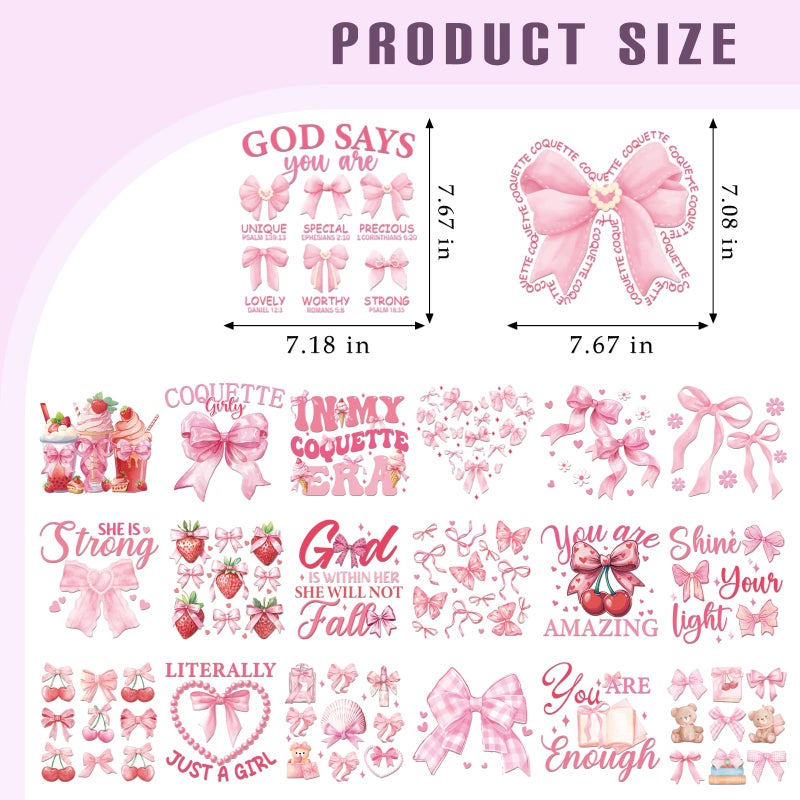 Dazoratix Bow Iron on Transfers - 20 Sheets Cute Pink Ready to Press Coquete Girly Cherry Heat Transfer DTF Stickers Patches Vinyl Appliques Decals Women Girl T Shirts Clothes Bag Decoration DIY Craft - Image 2