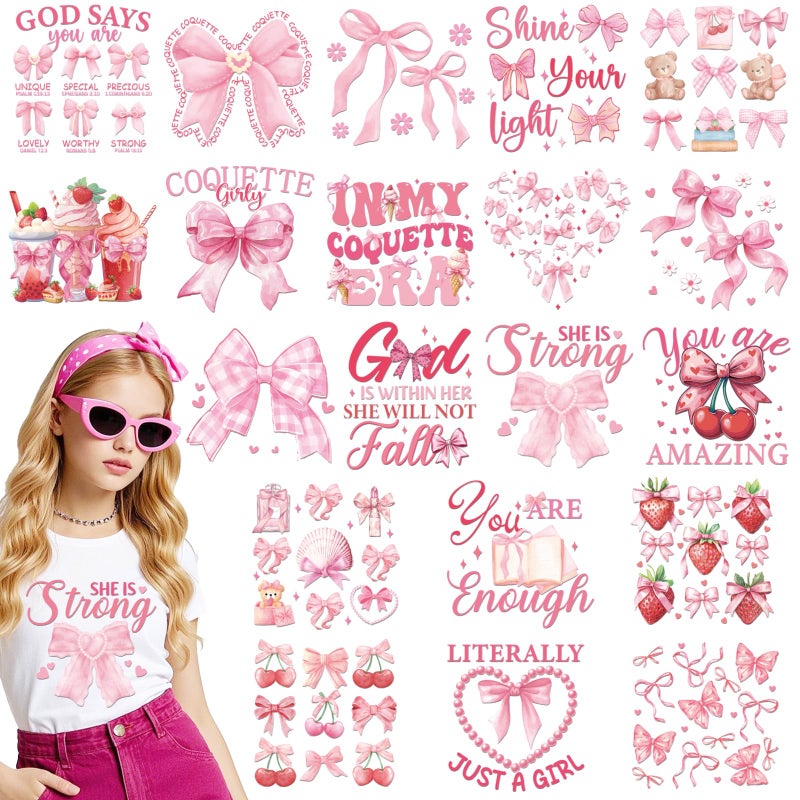 Dazoratix Bow Iron on Transfers - 20 Sheets Cute Pink Ready to Press Coquete Girly Cherry Heat Transfer DTF Stickers Patches Vinyl Appliques Decals Women Girl T Shirts Clothes Bag Decoration DIY Craft - Image 1