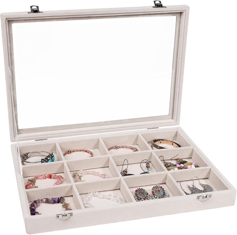 Stratalife Jewelry Organizer Bracelet Organizer Storage Box 12 Grid Stackable Jewelry Tray with Lid Velvet Jewelry Box for Drawer Necklace Bracelet Display Storage Organizer Box (Beige) - Image 1