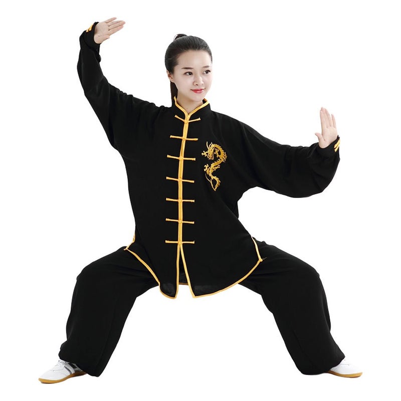 ZooBoo Unisex Cotton and Silk Dragon Embroidery Long Sleeves Tai Chi Uniform Suit Martial Arts Wing Chun Clothing (M, Black) - Image 2