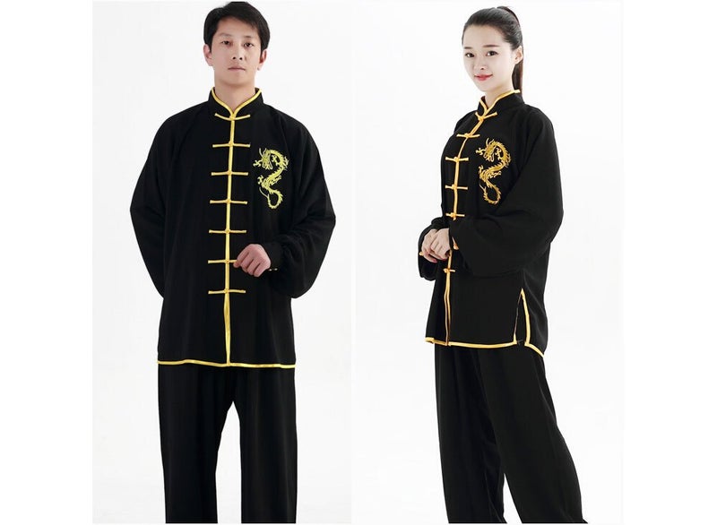 ZooBoo Unisex Cotton and Silk Dragon Embroidery Long Sleeves Tai Chi Uniform Suit Martial Arts Wing Chun Clothing (M, Black) - Image 3