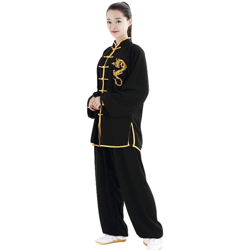 ZooBoo Unisex Cotton and Silk Dragon Embroidery Long Sleeves Tai Chi Uniform Suit Martial Arts Wing Chun Clothing (M, Black) - Image 1
