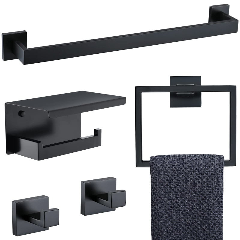 TNOMS Black Towel Bar Set 5Piece Bathroom Hardware Set Including 236 Inch Towel BarTowel Ring Towel Hook and Toilet Paper Holder with ShelfStainless Steel Bathroom Accessories Set