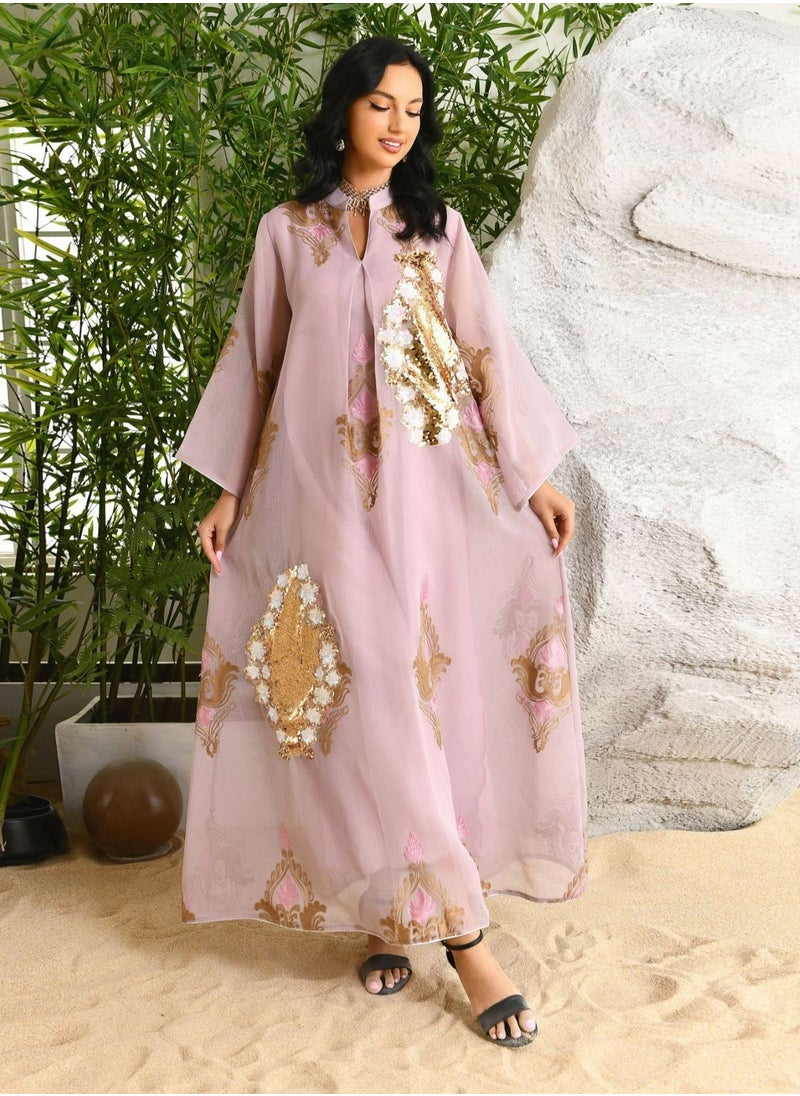 Uni Ramadan Women Muslim Dress Sequin Mesh Abaya Dubai Maxi Dress Party Robe Women Embroidery Islamic Dresses  - Image 4